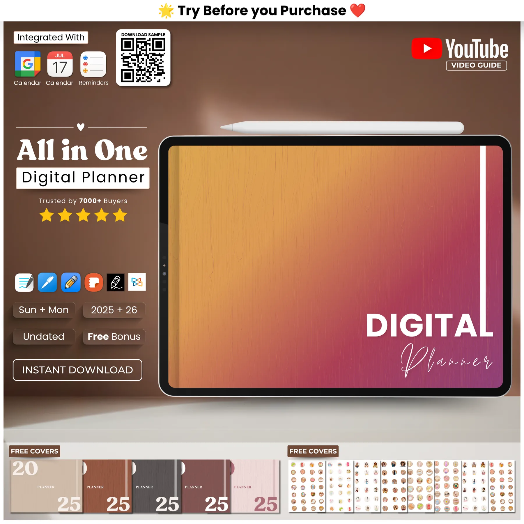 All-in-One Digital Planner cover graphic — iPad mockup with Apple Pencil, showing calendar app integrations and a video guide