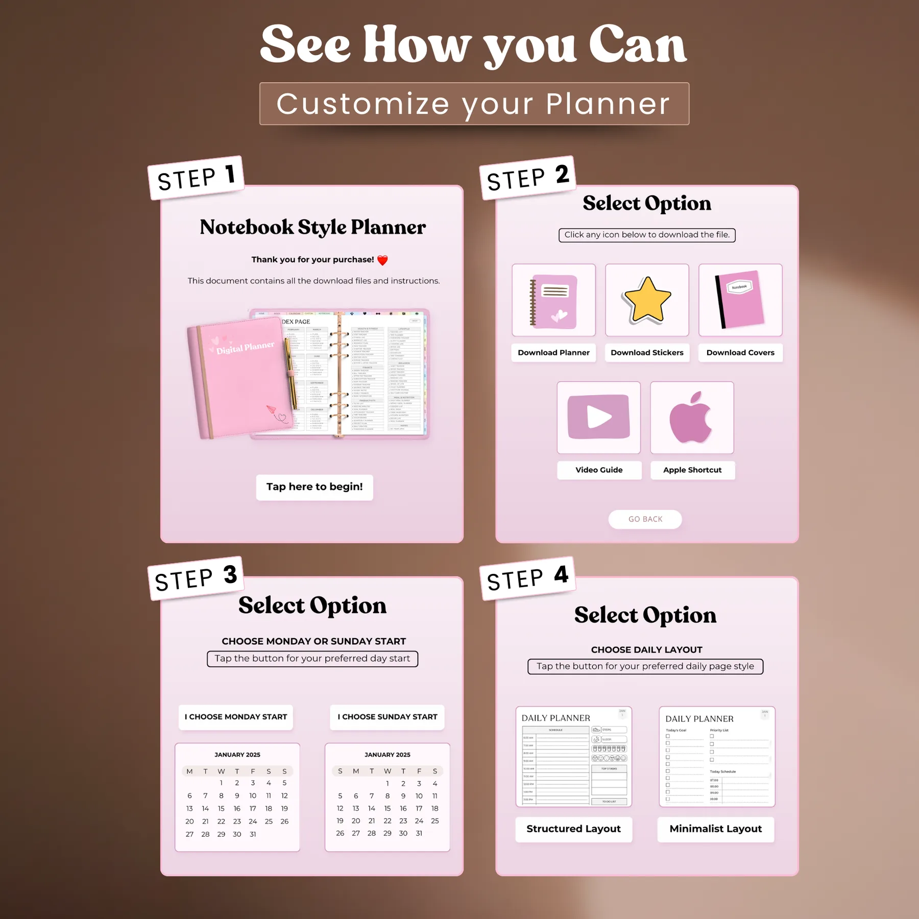 Four-step customization walkthrough — notebook style, download options, day-start, and daily layout choice
