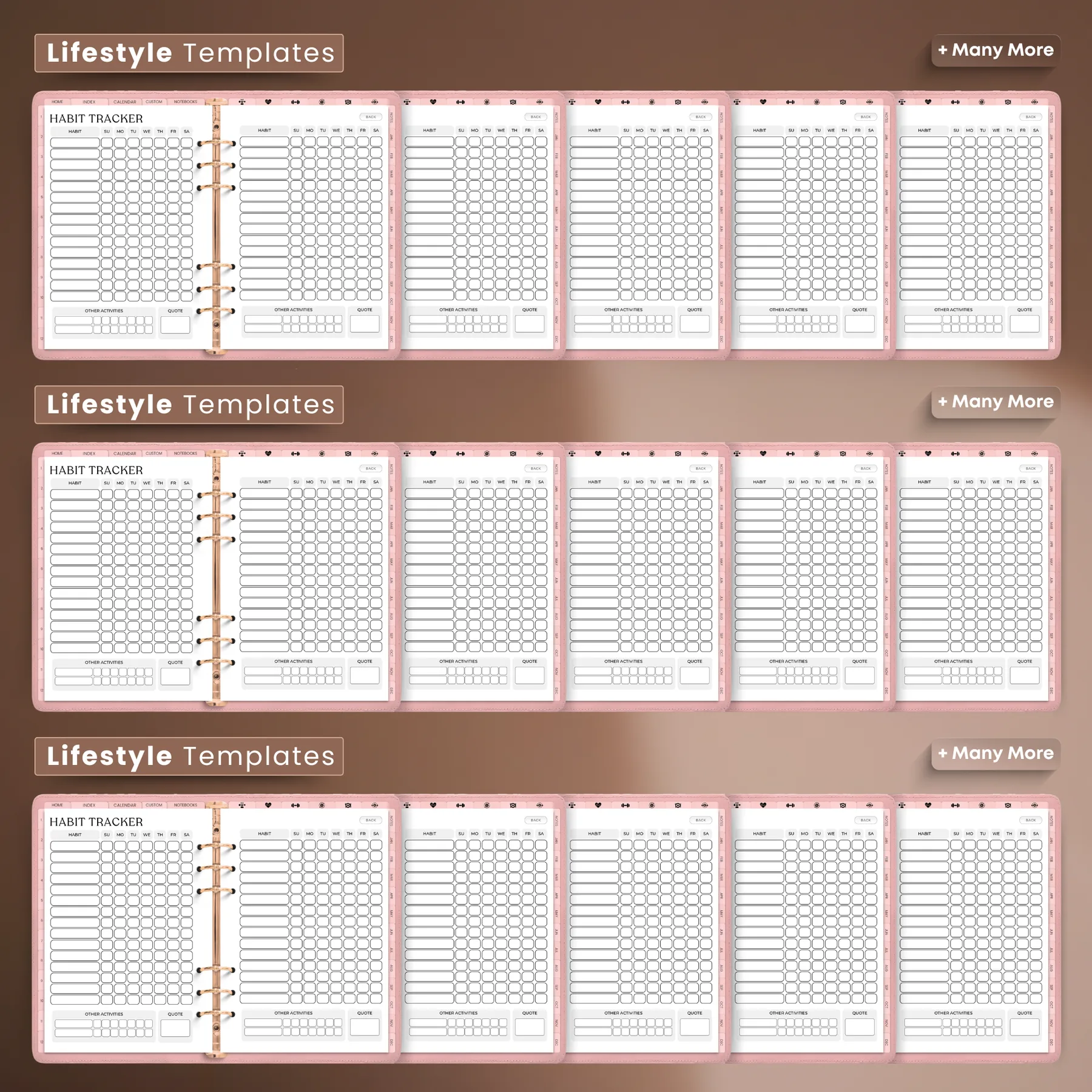 Lifestyle habit-tracker template spreads shown across the planner