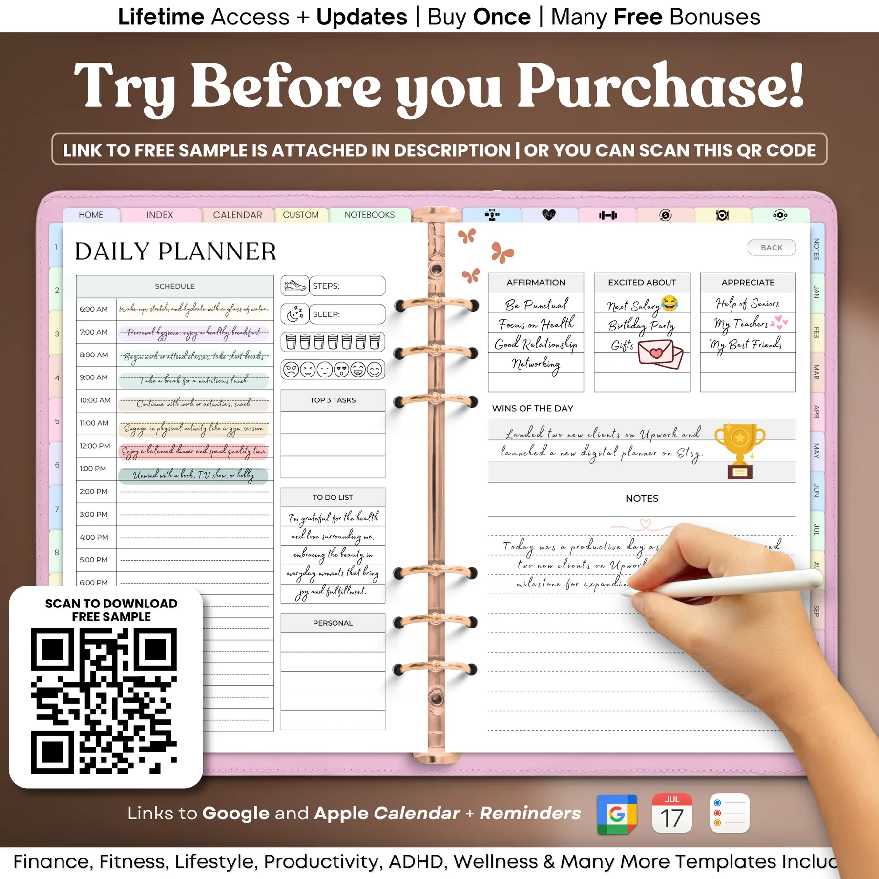 Daily planner page being annotated by hand on an iPad, with a QR code for the free sample download