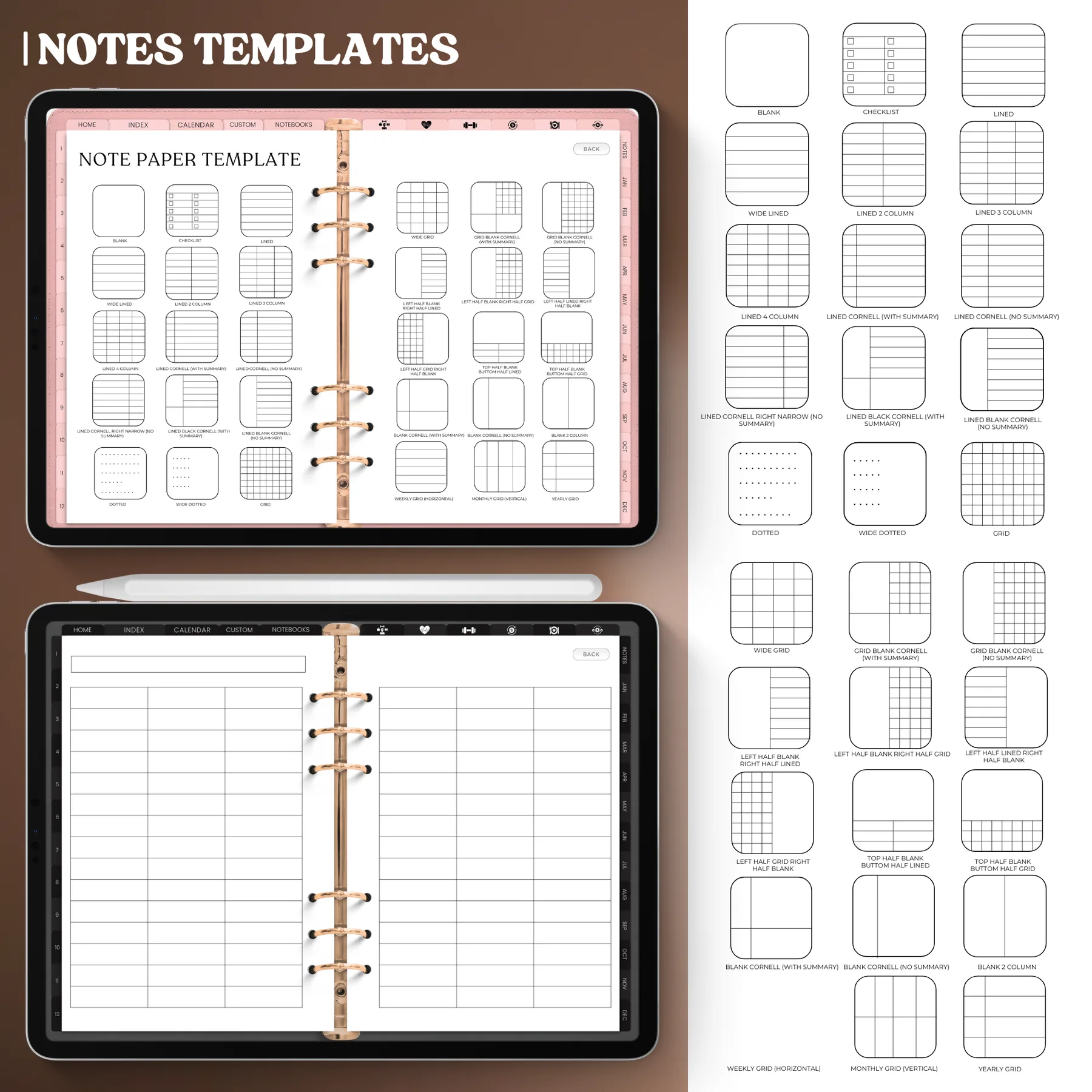 Grid of 30+ note-page layout styles — blank, checklist, lined, grid, and Cornell formats