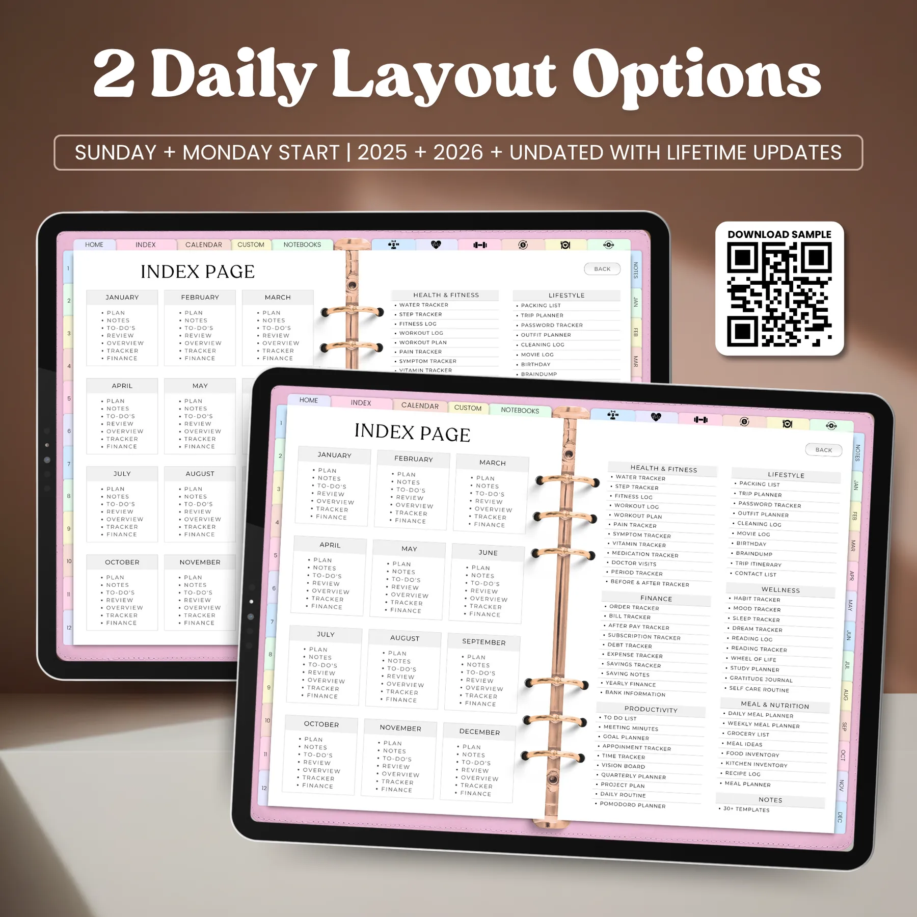 Structured vs. minimalist daily layout options with Sunday/Monday start and dated or undated versions