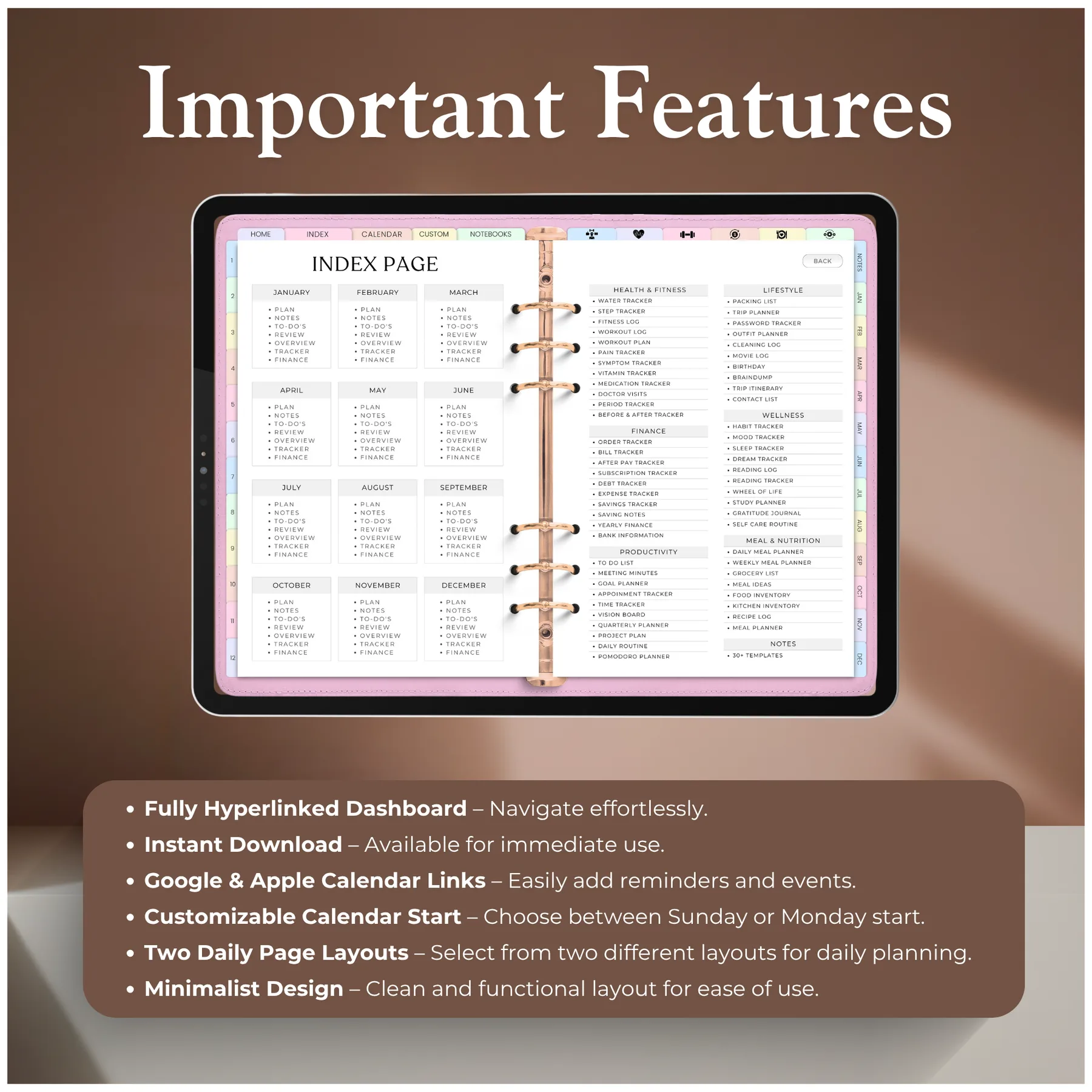 Key feature list overlaid on the planner index page — hyperlinked navigation, calendar sync, and layout options
