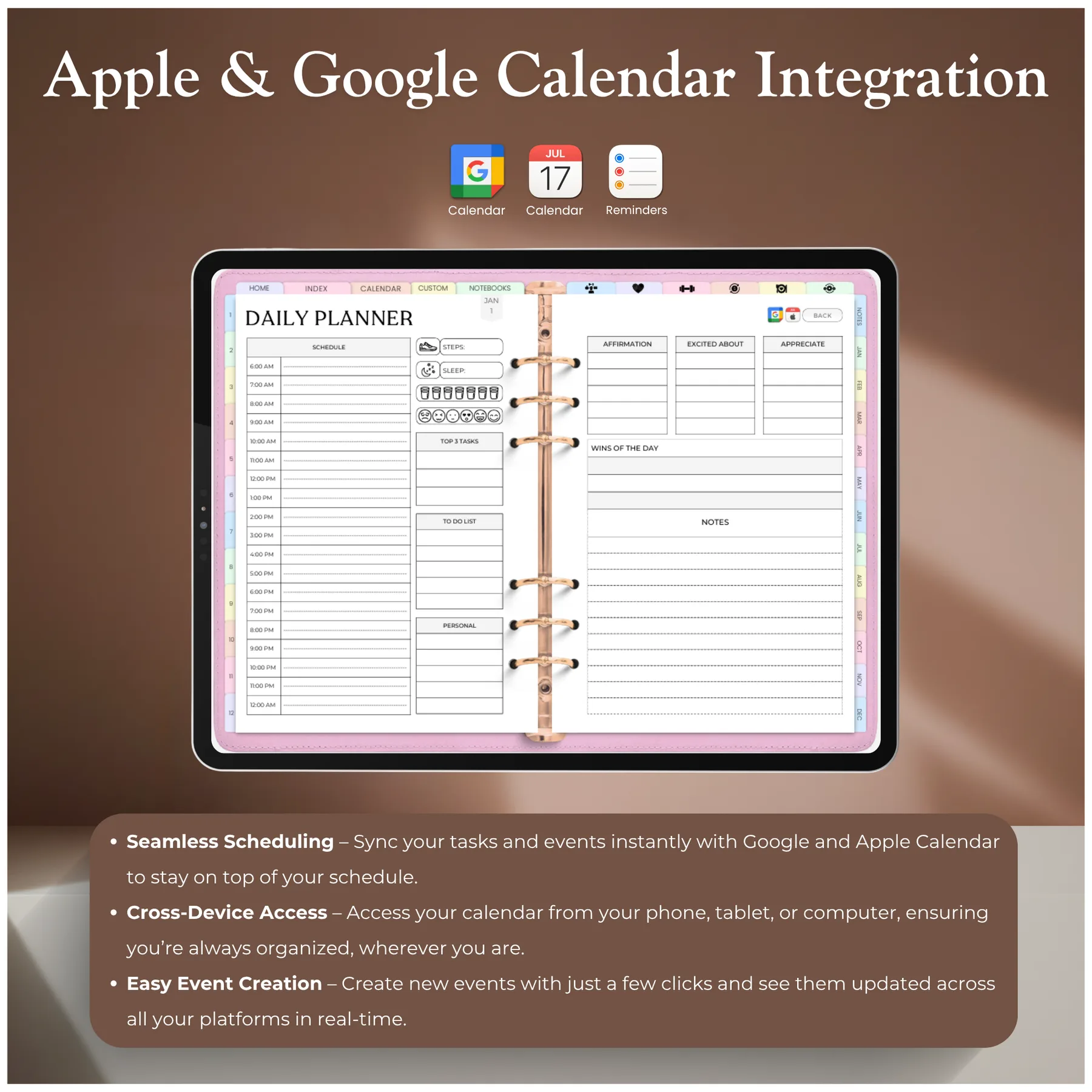 Apple and Google Calendar integration shown on a daily planner spread