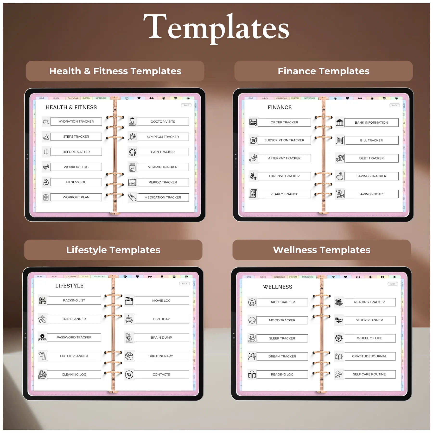 Template library grid — Health & Fitness, Finance, Lifestyle, and Wellness sections