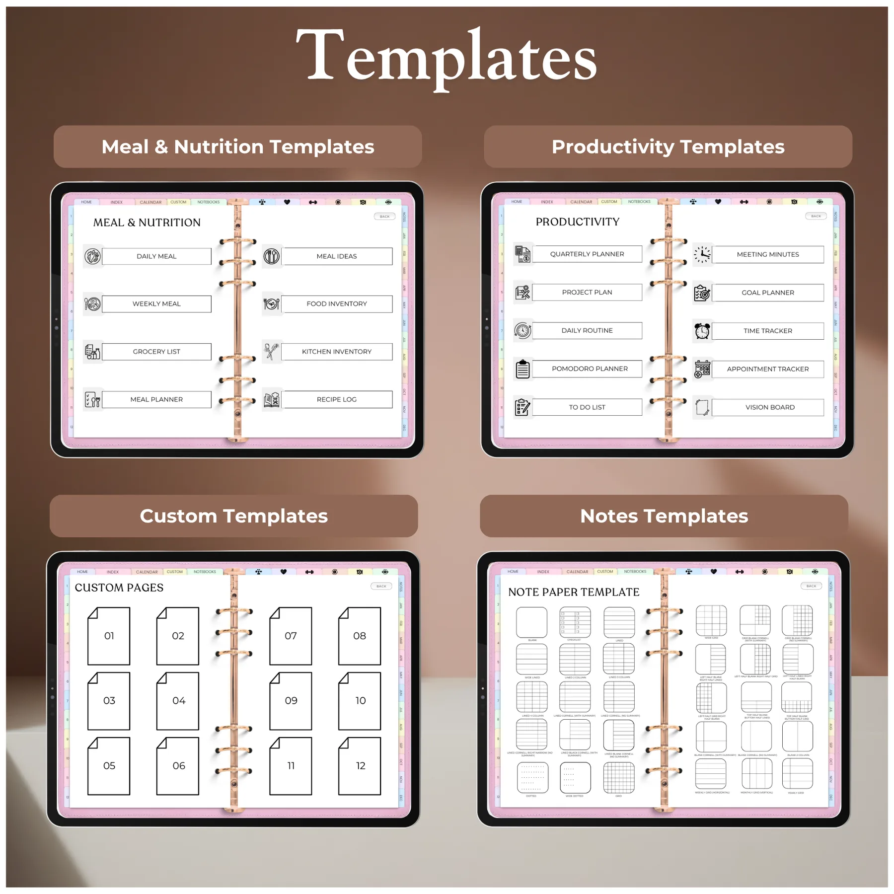 Template library grid — Meal & Nutrition, Productivity, Custom, and Notes sections